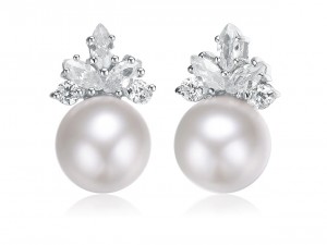 „Eshine“ kubiniai cirkonio sterlingo sidabro balti paauksuoti perliniai „Marquise“ auskarai