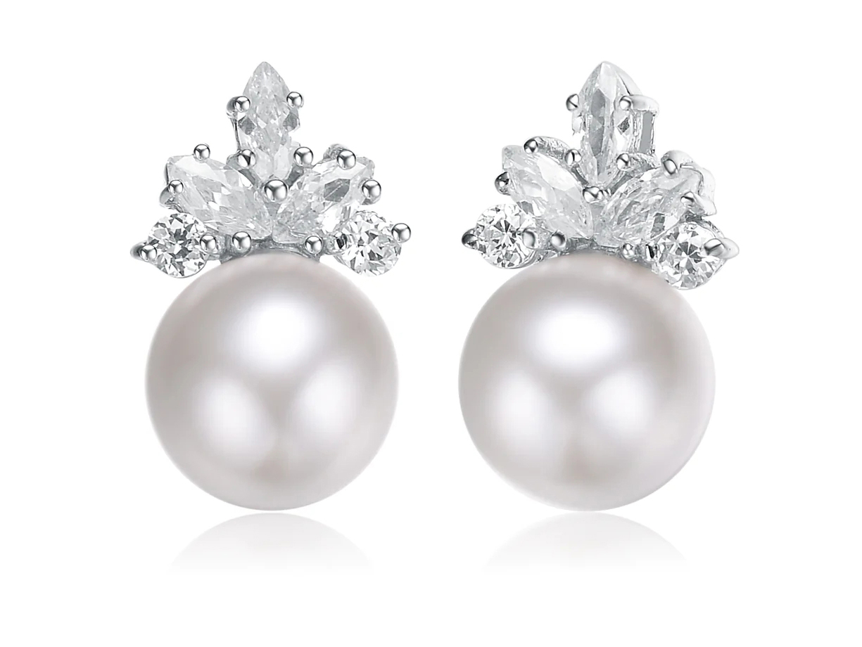 Eshine Cubic Zirconia Sterling Silver White Gold Plated Pearl Marquise Anting
