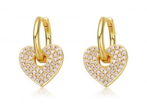 ເງິນ Sterling 925 Pave AAA Cubic Zirconia Heart Drop Huggie Earrings