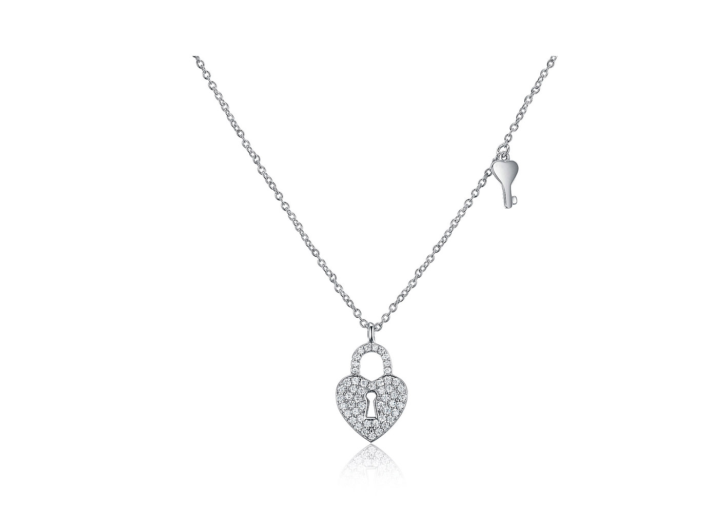 Key ug Heart Lock CZ Pendant Necklace sa Sterling Silver