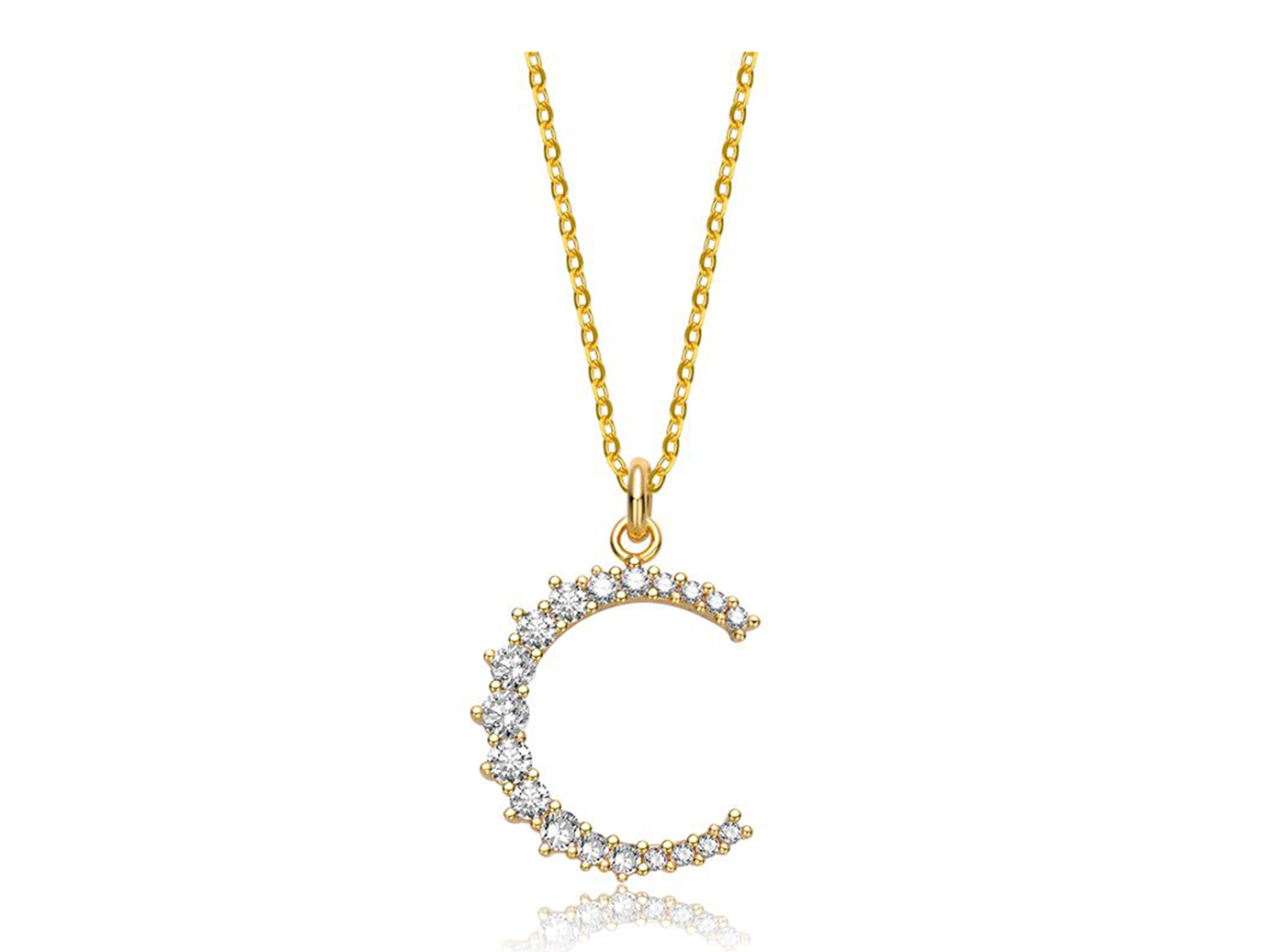 Cubic Zirconia Crescent Moon Pendant Necklace in Sterling Silver,16″ + 2″ විස්තාරකය