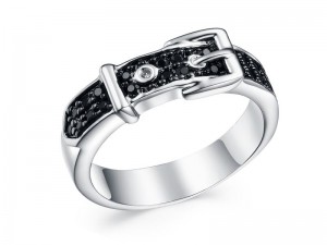 Anel de fivela de diamante CZ preto, prata esterlina 925 com ródio preto