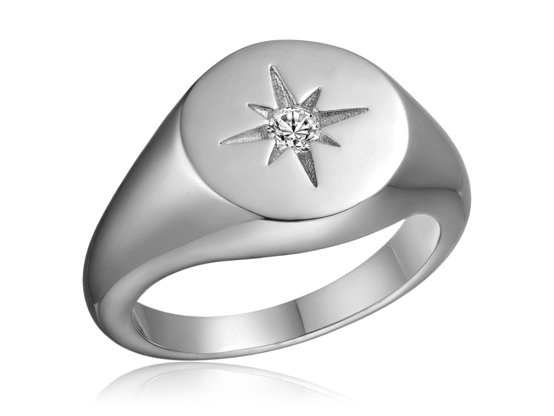Heart Signet Round Cut Moissanite Starburst Sterling Silver Ring kanggo Wanita