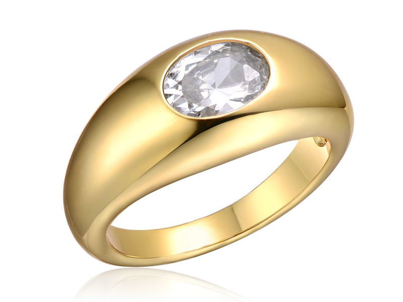 Ovaler Ring aus 14-karätigem Gelbgold mit Lünette aus Sterlingsilber und weißem kuppelförmigem Zirkonia
