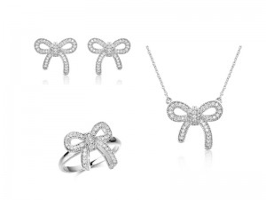 Bow-Knotted Ribbon Cubic Zirconia Pendant & Chain Necklace, Earring, Singsing nga Alahas Set sa 925 Sterling Silver