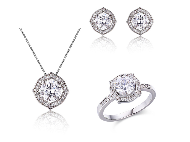 Sterling Silver E Nang le Moissanite Round Halo Vintage Pendant Style, Earring, Ring Jewelry set