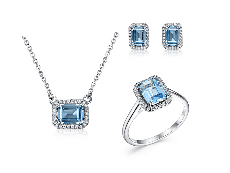 Smaragdově broušené akvamarínové náušnice, náhrdelník, sada prstenů ze sterlingového stříbra pro ženy, dívky