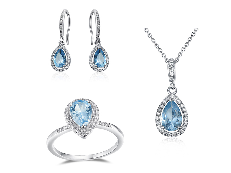 Stříbrné mincovní stříbro Rhodiovaný tvar hrušky Vytvořený akvamarín a kubické zirkony Náhrdelník, náušnice, prsten Sada šperků pro ženy