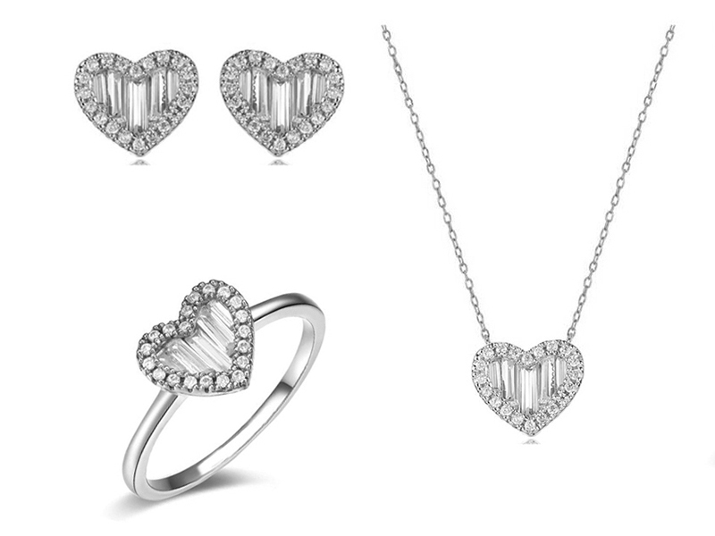 925 Sterling Silver Round & Baguette CZ Diamond Heart Pendant Necklace, Ring, Earring Set for Girls