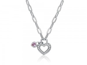 Cubic Zirconia Heart Lock & Paperclip Chain Necklace សម្រាប់ក្មេងស្រី