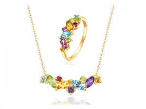 Sterlingsølv Multicolor Rainbow Semi-ædel halskæde & ring smykkesæt
