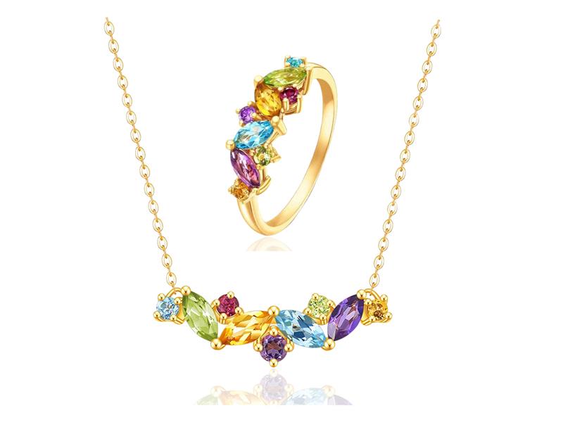 I-Sterling Silver Multicolor Rainbow Semi-Precious Necklace & Ring jewelry Seti