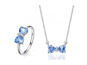 Bulao Topaz Heart Bow Silver Ring & Pendant Necklace Jewelry set
