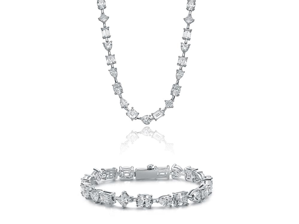 Multi Shape Cubic Zirconia Statement Tennis Chain Necklace & Bracelet Alahas Set